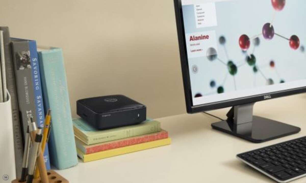 Der kompakte Mini-PC nimmt auf dem Schreibtisch wenig Platz weg (Bild: Dell)