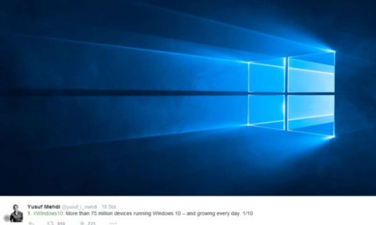 Vier Wochen nach der Veröffentlichung läuft Windows 10 auf mehr als 75 Millionen Geräten (Foto: Yusuf Mehdi via Twitter)