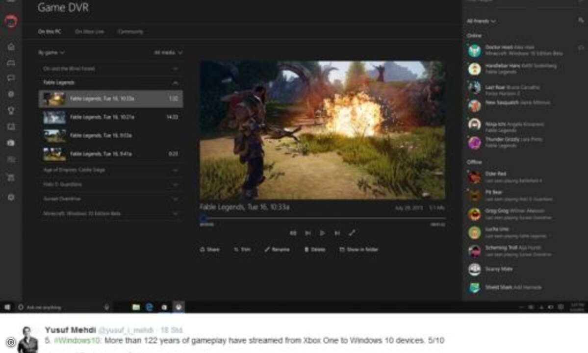 Mehr als 122 Jahre Gameplay wurden von Xbox One-Spielekonsolen auf Windows 10-Geräte gestreamt (Foto: Yusuf Mehdi via Twitter)