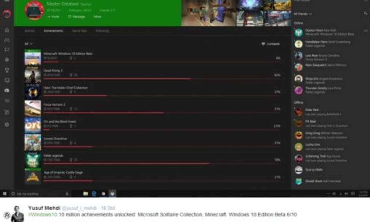 Windows-Nutzer sind offenbar fleißige Nutzer von Casual Games und haben in der Solitaire Collection und in Minecraft schon zehn Millionen Achievements freigespielt (Foto: Yusuf Mehdi via Twitter)