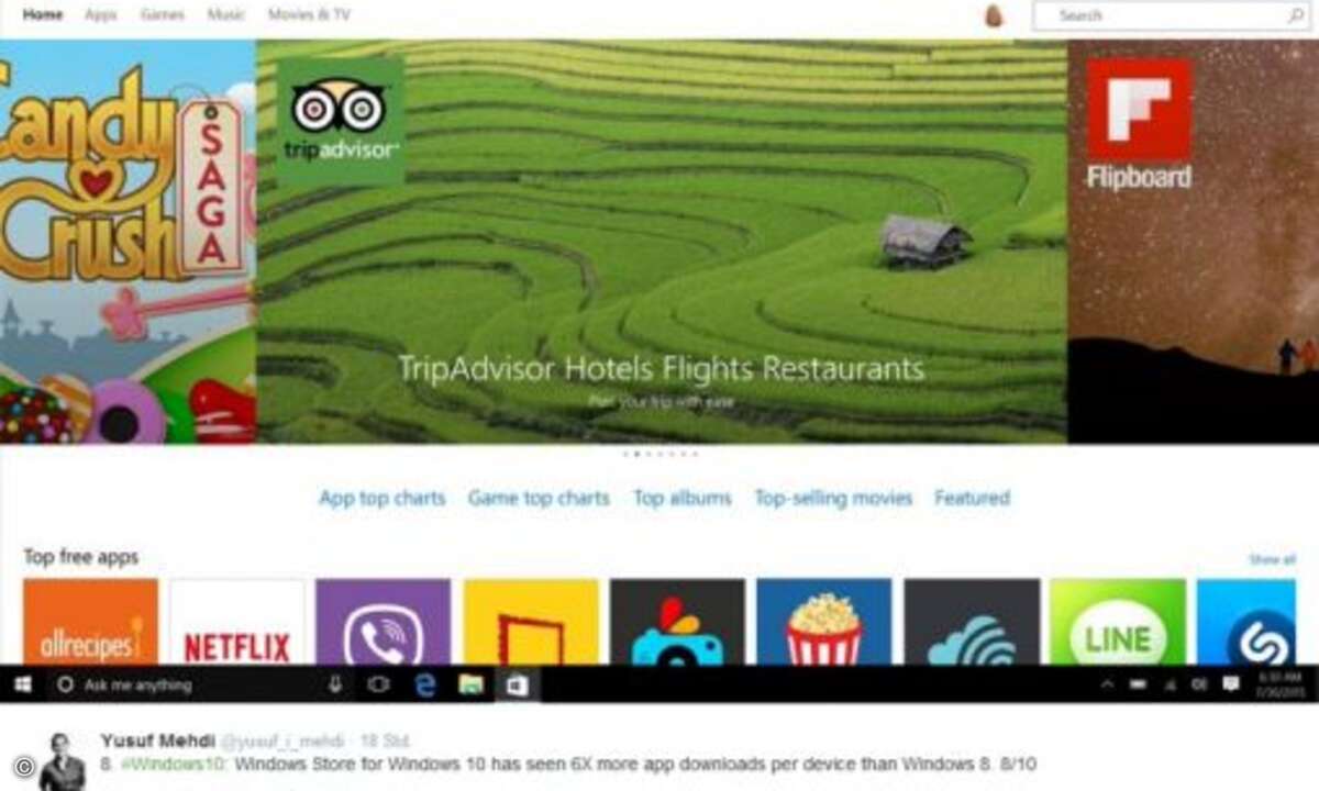 Gute Nachrichten für App-Entwickler: Aus dem Store von Windows 10 werden pro Geräte sechs Mal mehr Apps heruntergeladen wie unter Windows 8 (Foto: Yusuf Mehdi via Twitter)