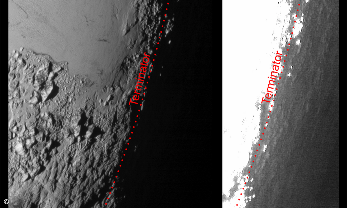 Ein Bild von der Dämmerung auf dem Pluto – die aufgehellte Version rechts offenbarte den Wissenschaftlern weitere Details der Oberfläche, die sonst im Dunkeln liegen würden (Foto: NASA/Johns Hopkins University Applied Physics Laboratory/Southwest Res