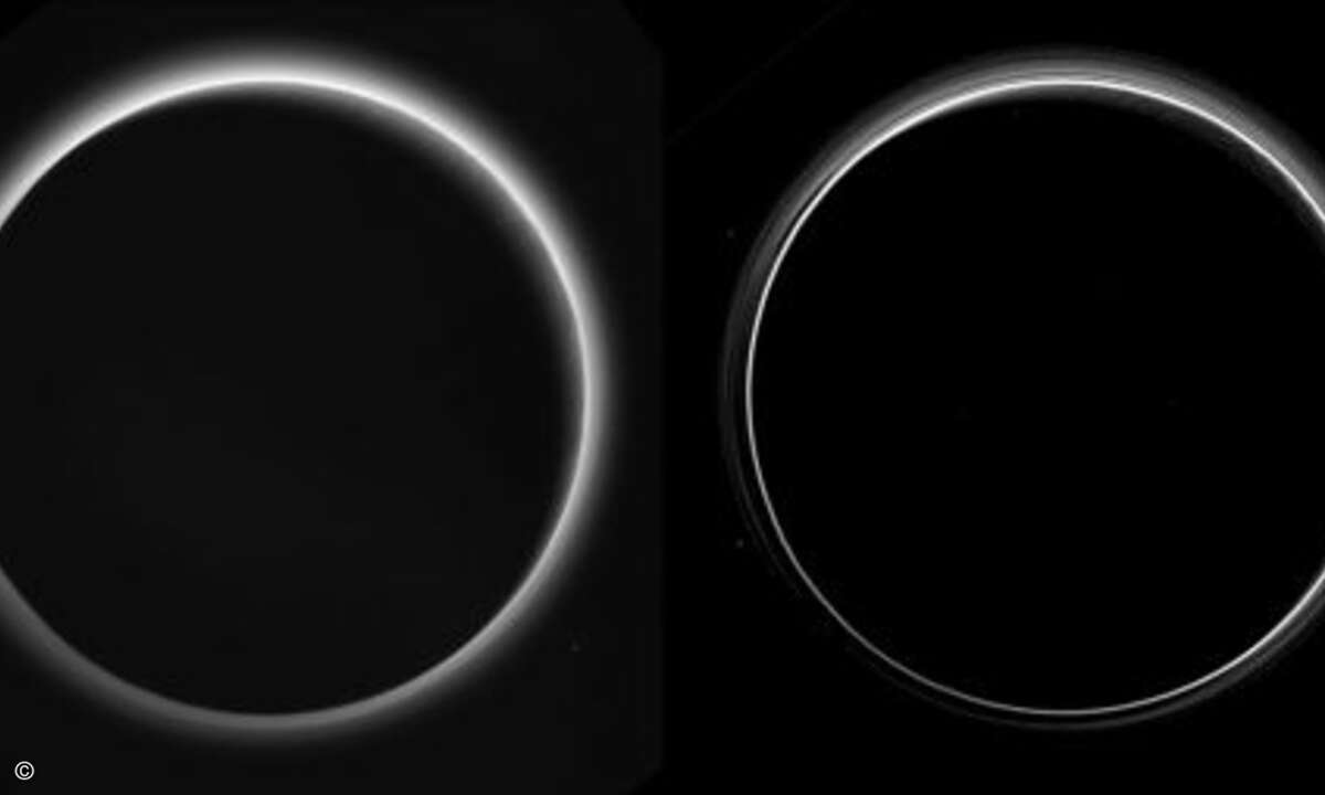 Die Rückseite von Pluto; das Gegenlicht zeigt die verschiedenen Schichten der Atmosphäre, von denen es mehr als erwartet gibt – vor allem rechts gut zu sehen, in der von der NASA nachbearbeiteten Aufnahme (Foto: NASA/Johns Hopkins University Applied