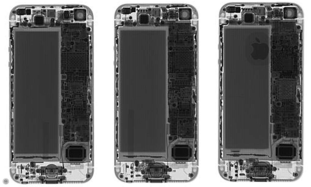 Im Röntgenbild das iFixit bei Creative Electron anfertigen ließ, zeigen sich kaum Unterschiede zwischen iPhone 5, iPhone 5S und iPhone SE (Foto: Screenshot iFixit Youtube)