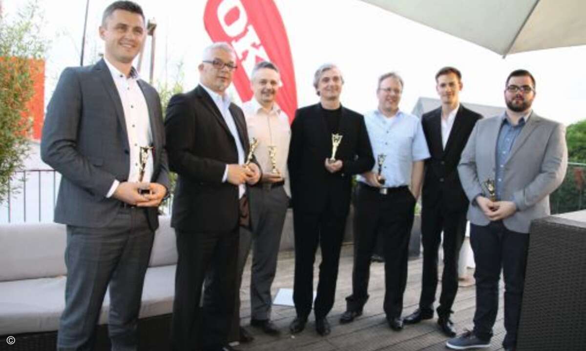So sehen Sieger aus: Die Gewinner der ersten Plätze in den verschiedenen Kategorien versammeln sich zum Gruppenfoto (Foto: OKI)