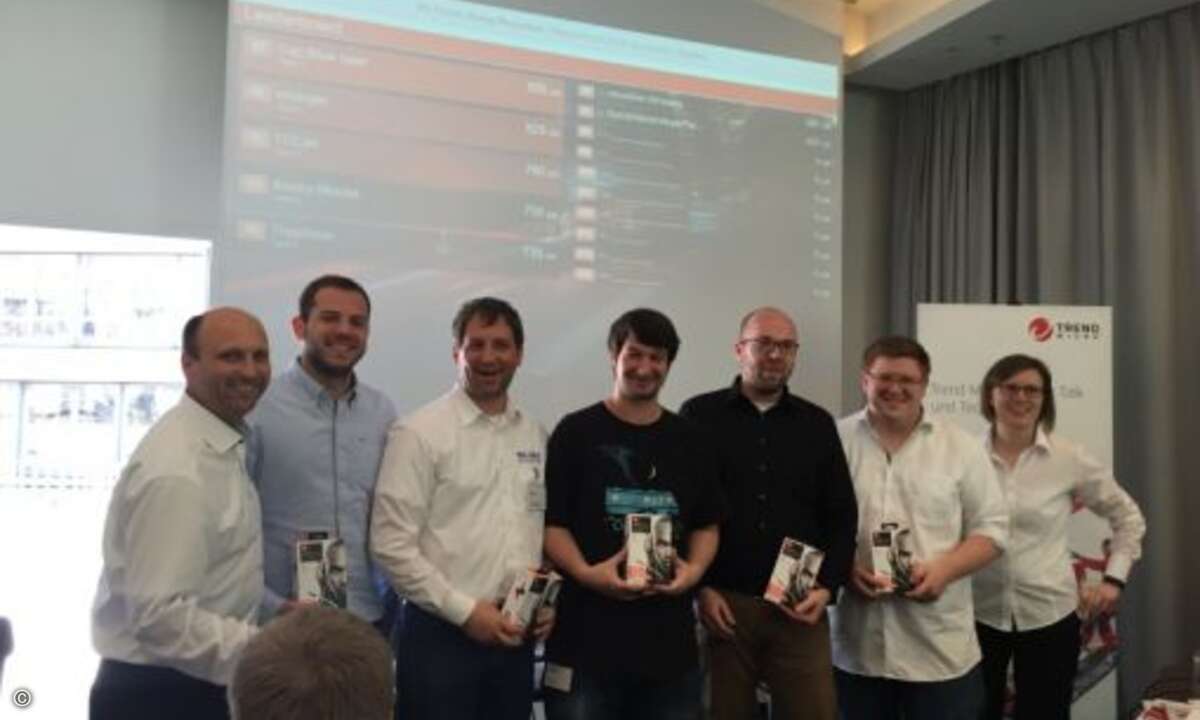 Kay Bandemer (l.) und Anne Messer (r.) von Trend Micro mit den Siegern des Security-Wettstreits: Christopher Klocke (Westcon), David Weyand (Blue Consult), Jens Joswig (Leitwerk), Martin Frehe (Systemhaus Krick) und Niklas Keller (Bechtle) (Foto: Tre