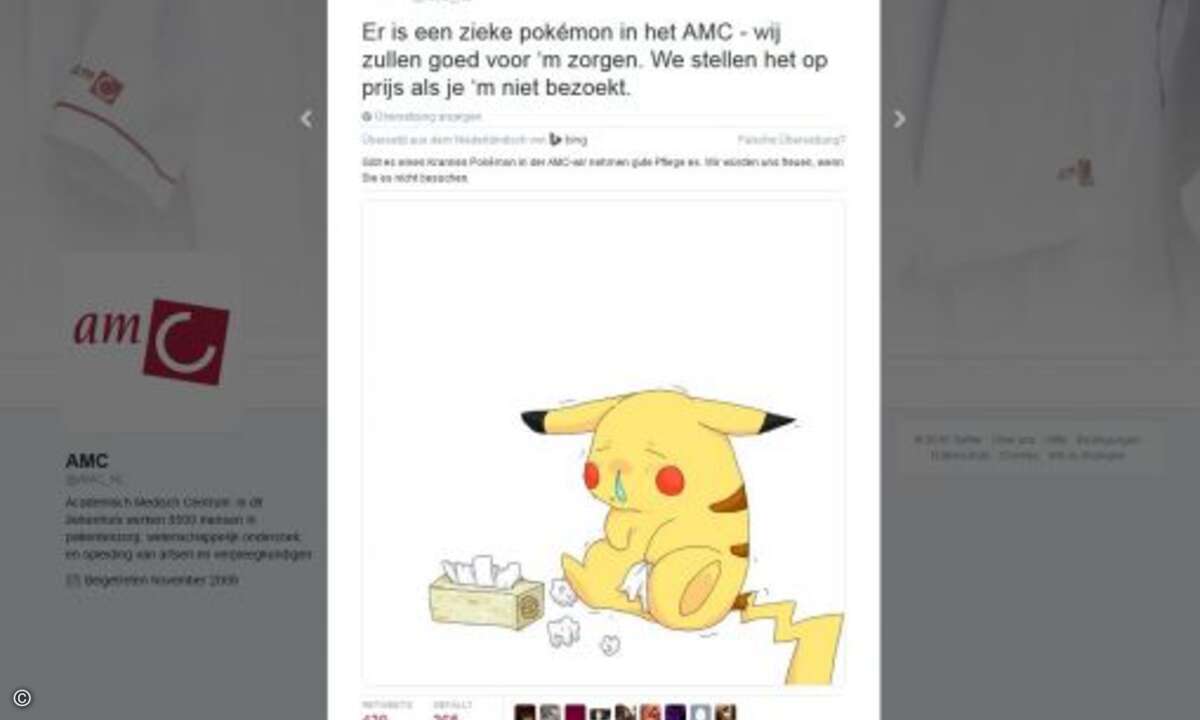 Auch das Amsterdamer Krankenhaus AMC hat Probleme mit Pokémon-Jägern. Mit einem Tweet versucht die Klinikleitung, den Andrang einzudämmen (Foto: Twitter - AMC)