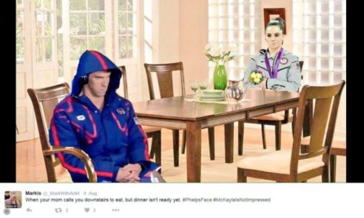 Einige kombinierten Phelps auch mit der Kunstturnerin McKayla Maroney, die sich von ihrer Silbermedaille bei den Spielen 2012 nicht sonderlich beeindruckt zeigte. Die Stimmung ist frostig (Foto: Twitter)