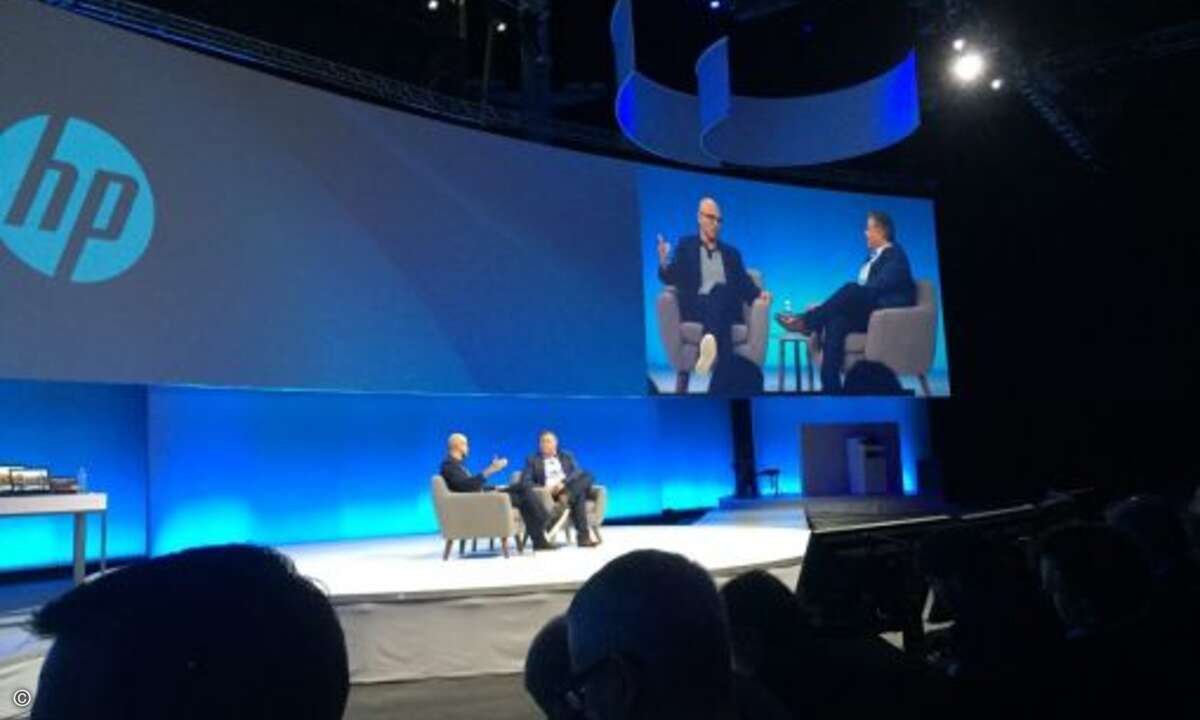 HP-CEO Dion Weisler mit Microsoft-Chef Satya Nadella bei der Eröffnung der Global Partner Conference (GPC) in Boston (Bild: CRN)