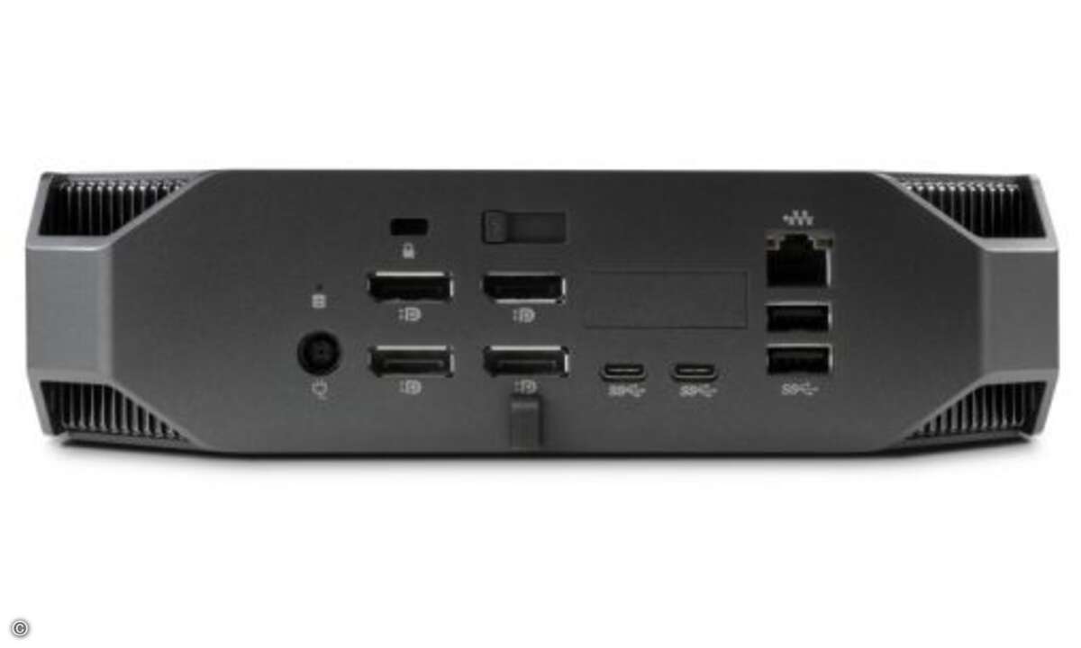 In der am besten ausgestatteten Variante besitzt die Z2 Mini vier DisplayPort-Anschlüsse, zwei Mal USB Typ-C und zwei Mal USB 3.0 Standard auf der Rückseite - zwei weitere USB-Ports sitzen seitlich am Gehäuse (Foto: HP)