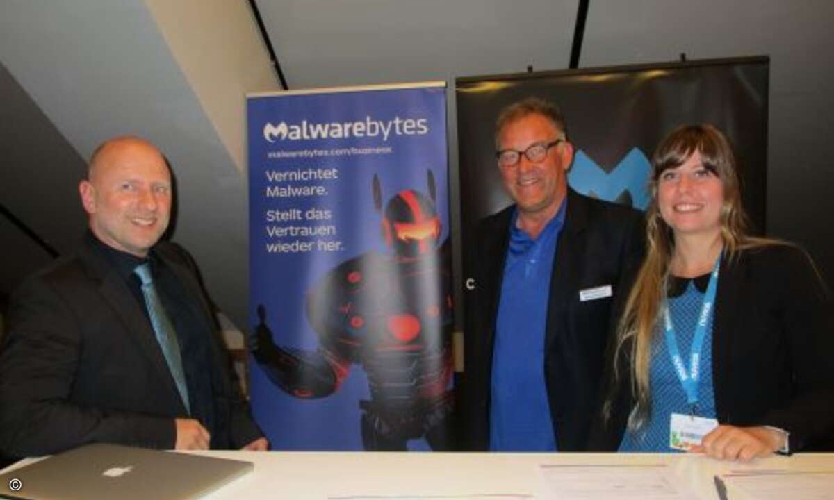 (v. re.) Andreas Schulz (Nuvias), Michael Gramse (Malwarebytes) und Amy Gurlitt (Malwarebytes) (Bild: CRN)
