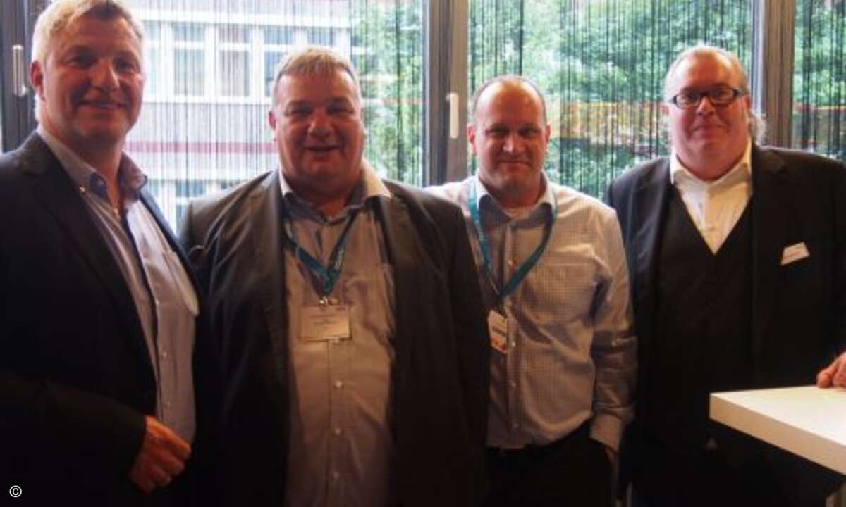 (v. re.) Tom Nemitz (Fortinet), Michael Scheffler (A10), Stefan Benske (A10) und Michael Kloth (Nuvias) (Bild: CRN)