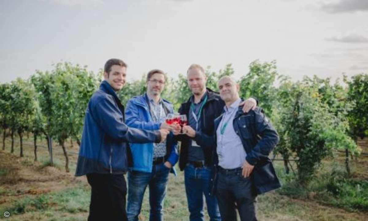 Alexander Dapp (CompData), Ronald Pustiowsky (Kaspersky Lab), Andreas Rohr (Nerosoft) und Gunther Dietrich (Apia Systemhaus) stoßen vor malerischer Kulisse miteinander an (Foto: Kaspersky)