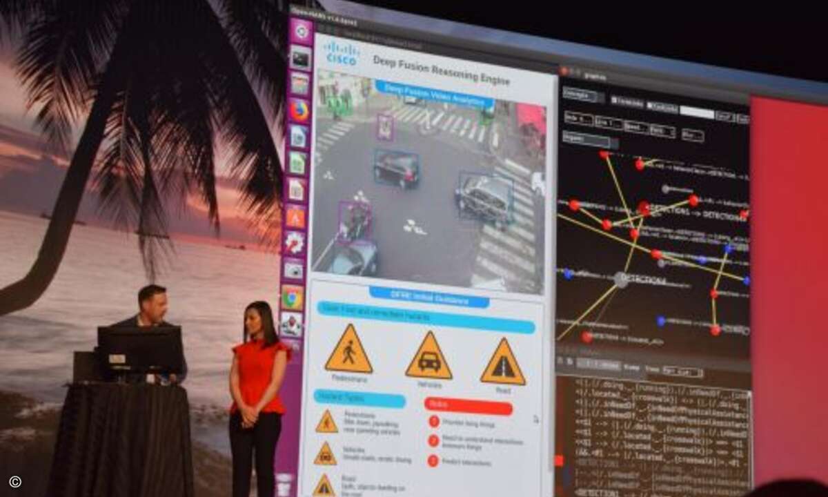 Außerdem sieht Cisco alles und jeden: Kamera-Überwachung regelt den Straßenverkehr und erkennt dank Maschine-Learning voraussschauend Gefahren.