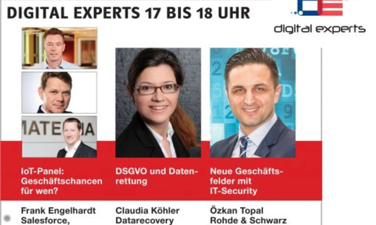 17:00-18:00 Uhr: CRN Digital Experts mit Frank Engelhardt (Salesforce), Jörg Schmidt (Toshiba), Guido Weiland (Materna), Claudia Köhler (Datarecovery) und Özkan Topal (Rohde & Schwarz Cybersecurity) (Foto: CRN)