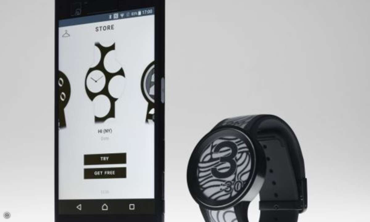 Bei der Fashion-Uhr aus flexiblem E-Paper können Nutzer auf Knopfdruck zwischen verschiedenen Designs wechseln. (Bild: Sony)