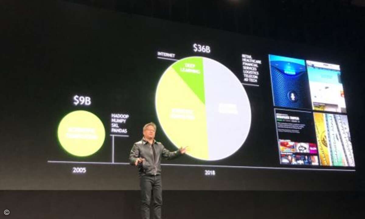 In seiner Keynote drehte sich alles um das Thema Künstliche Intelligenz und den milliardenschweren Markt, von dem sich Nvidia ein großes Stück sichern will (Bild: CRN)