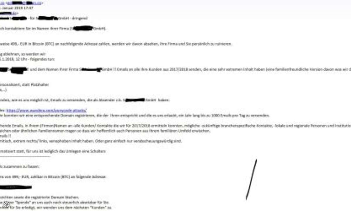 Rufmord: „Benny“ droht einem IT-Händler mit der Versendung von Mails in seinem Firmennamen, die es in sich haben:

„Wir senden entsprechende Emails, in Ihrem (Firmen)Namen an -alle Kunden/ Kontakte die wir für 2017/2018 ermitteln konnten, mögliche