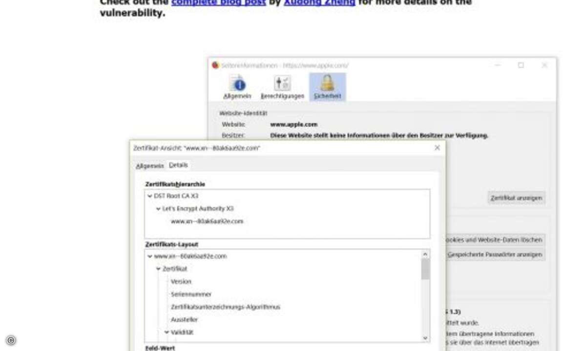 Die Zertifikatshierarchie bestätigt den URL-Betrug, der Hacker bereitet schon einmal die Reminder-Mail an das zahlungssäumige Opfer vor und erhöht den Druck ...