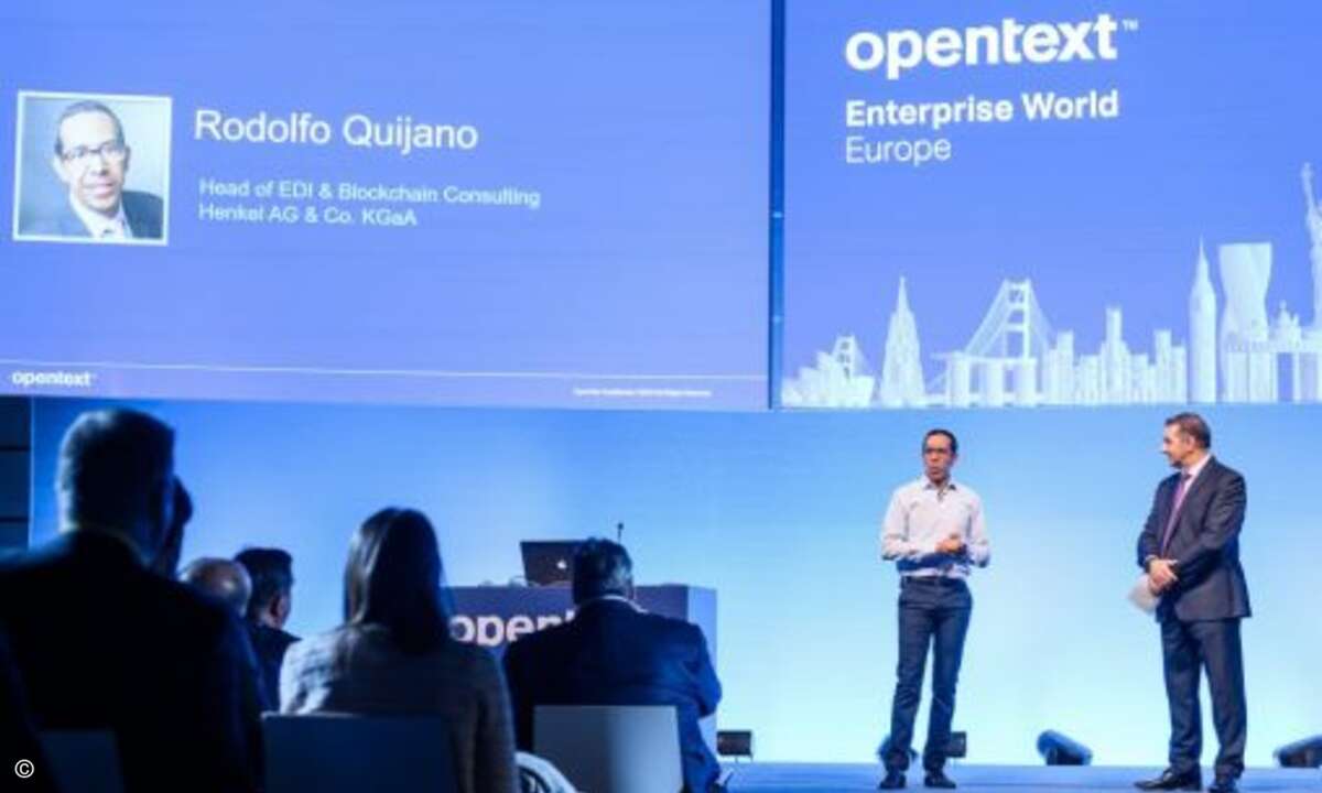 Muhi Majzoub und Rodolfo Quijano (Head of EDI & Blockchain Consulting bei Henkel) diskutieren darüber, wie Henkel mit OpenText arbeitet