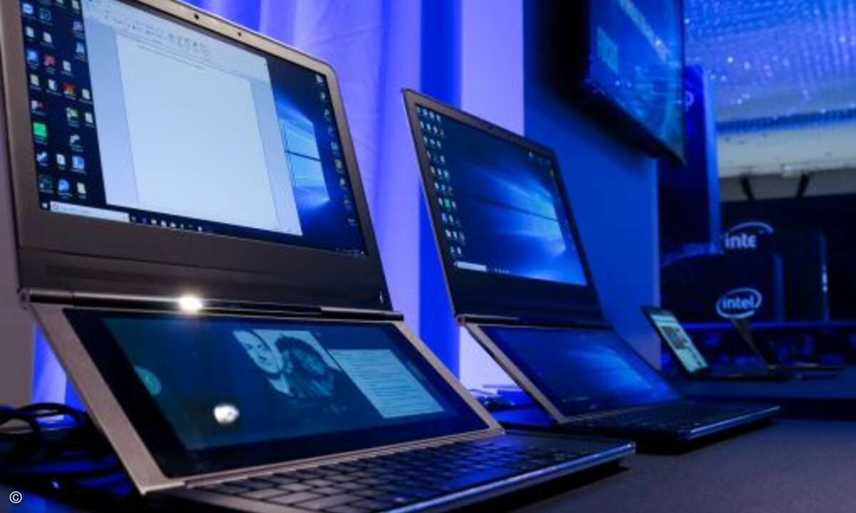 Der innovative Laptop namens »Honeycomb Glacier« verfügt über ein zweites Display über der Tastatur (Bild: Intel)