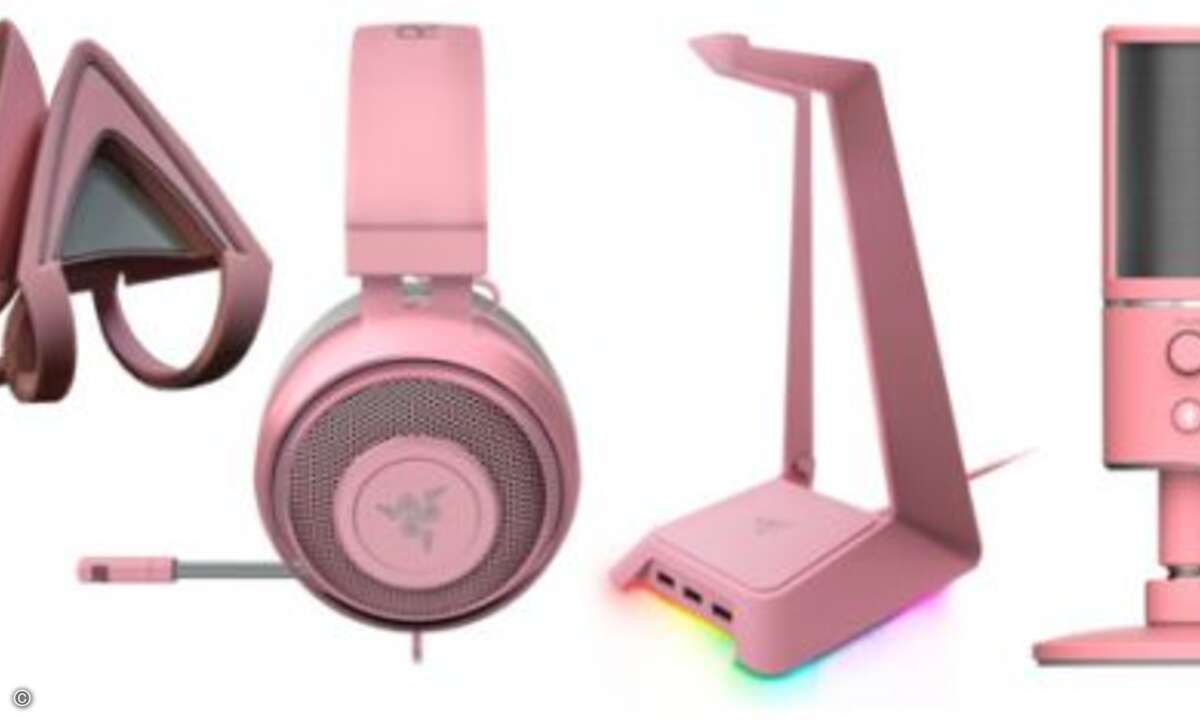 An weiterer Peripherie gibt es das Headset Kraken samt passenden Kitty Ears und Headset-Ständer Base Station Chroma in Pink (Foto: Razer)