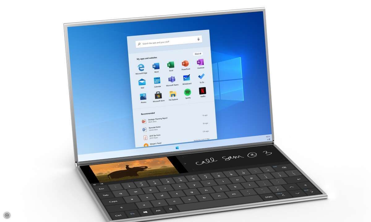 Eine ansteckbare Tastatur lässt sich aufklappen und nimmt dabei drei Viertel des unteren Bildschirms ein. (Bild: Microsoft)