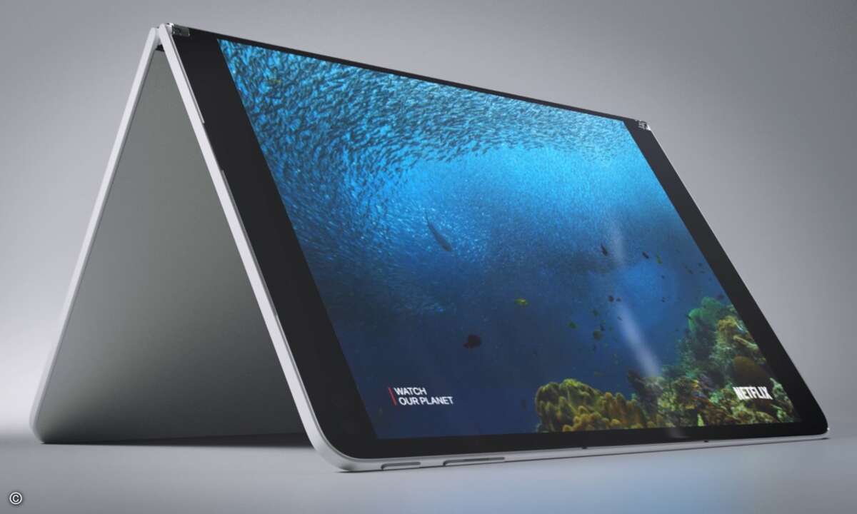 Die beiden Bildschirme lassen sich über ein 360-Grad-Scharnier zusammen- und auseinanderklappen. (Bild: Microsoft)