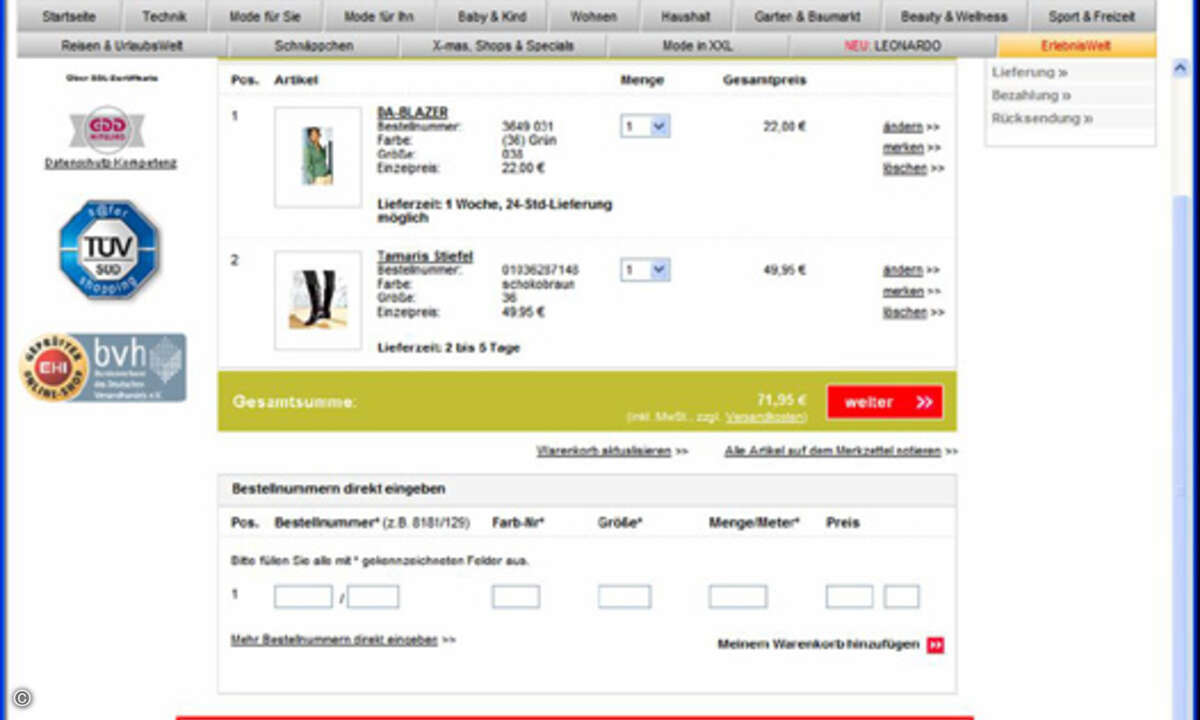 Passend zum Warenkorb werden alternative und ergänzende Produkte angeboten, die ebenfalls den Kriterien (wie hier Preissenkung) entsprechen.