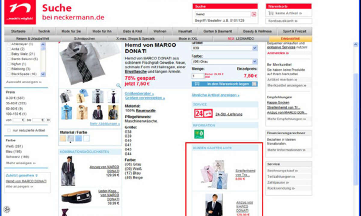 Beim Betrachten eines Produkts empfiehl das System automatisch das passende Zubehör.