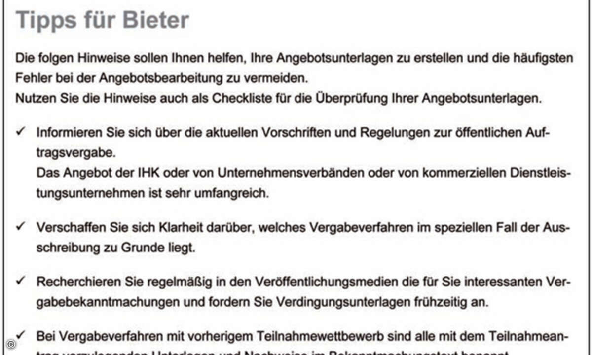 Tipps für Bieter hat das IT-Dienstleistungszentrum Berlin parat (Auszug).