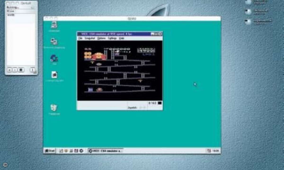 Altdaten lassen sich oft nur durch umständliche Emulation darstellen. Hier läuft ein C64-Programm auf einem Apple-Rechner, der einen Pentium II mit Windows 98 emuliert. Die Anwendung arbeitet mit nur vier Frames pro Sekunde und ist daher sehr langsam