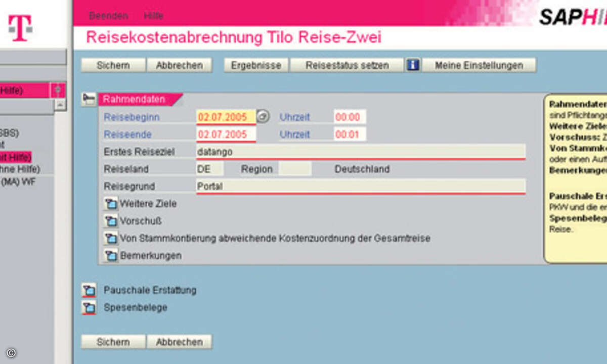 Direkte Hilfestellung bei der Einarbeitung in die SAP-Reisekostenabrechnung durch ein E-Learning-Werkzeug.