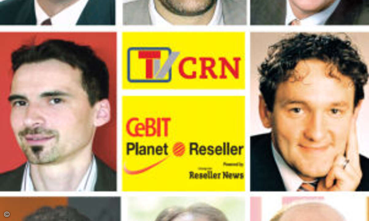 Gäste bei CRN-TV am zweiten Cebit-Messetag: u.a. Jochen Erlach (HP), Jochen Polster (AMD), Ernst Rau (Deutsche Messe) und Herbert Vogel (Intelligence)