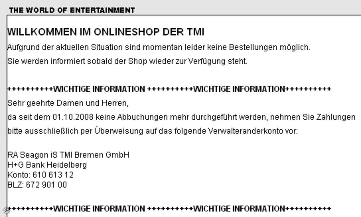 Derzeit geht nichts mehr im Onlineshop von TMI