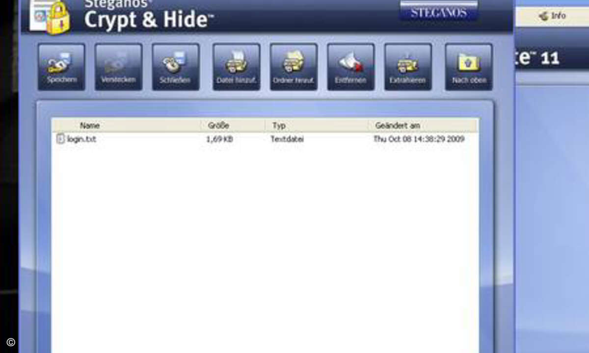 Mit Tools wie der Security Suite von Steganos lassen sich Dateien, in denen Passwörter gespeichert sind, verschlüsseln und verstecken. Die Files werden in diesem Fall an eine Bilddatei angehängt.