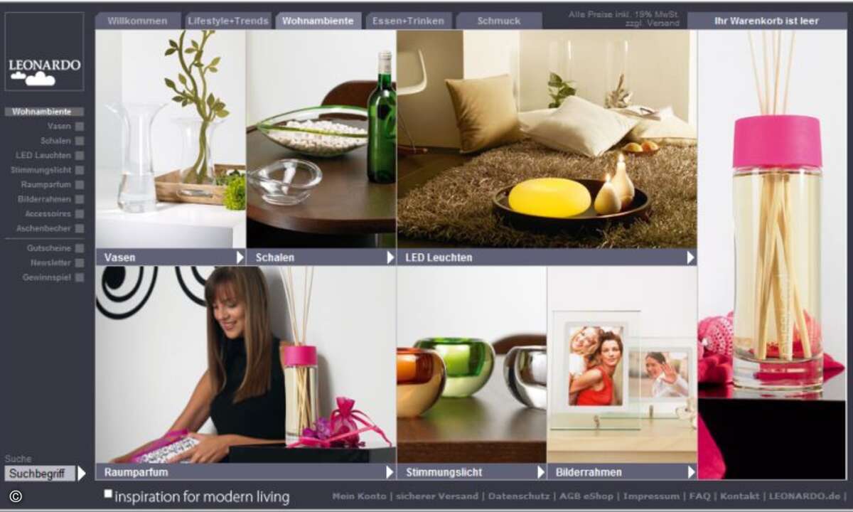 Kategorie-Ansicht des mit einer Kauf-Lösung (ePages) erstellten Web-Shops leonardo.de