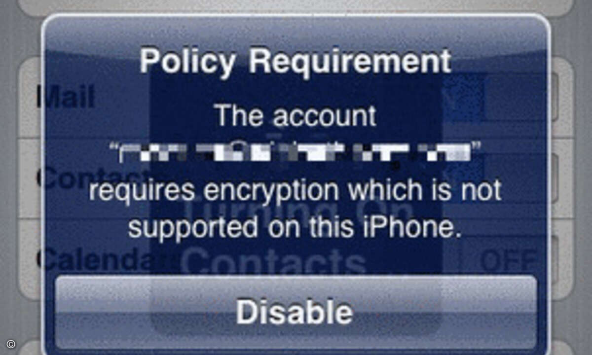 Problem: Ältere iPhones, die auf OS 3.1 umgestellt wurden, unterstützen nicht die geforderte Verschlüsselungstechnik für ActiveSync.