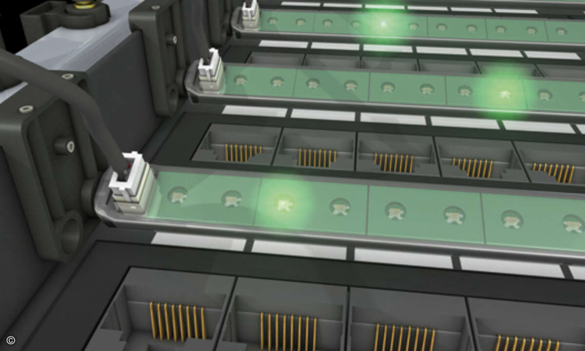 LEDs zeigen bei .max an, welche Kabel umgesteckt werden sollen.