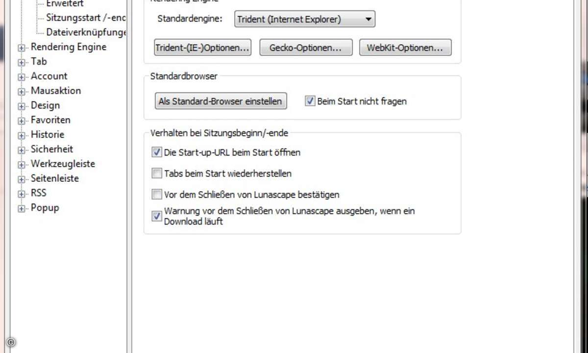 Drei Engines stellt Lunarscape zur Auswahl: die des IE, Gecko (Firefox) und Webkit.