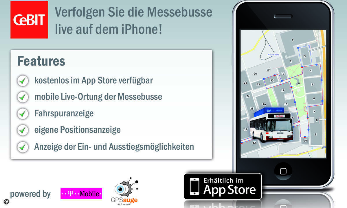 GPSauge zeigt auf einer Karte an, wo sich gerade welcher CeBIT-Messebus befindet.