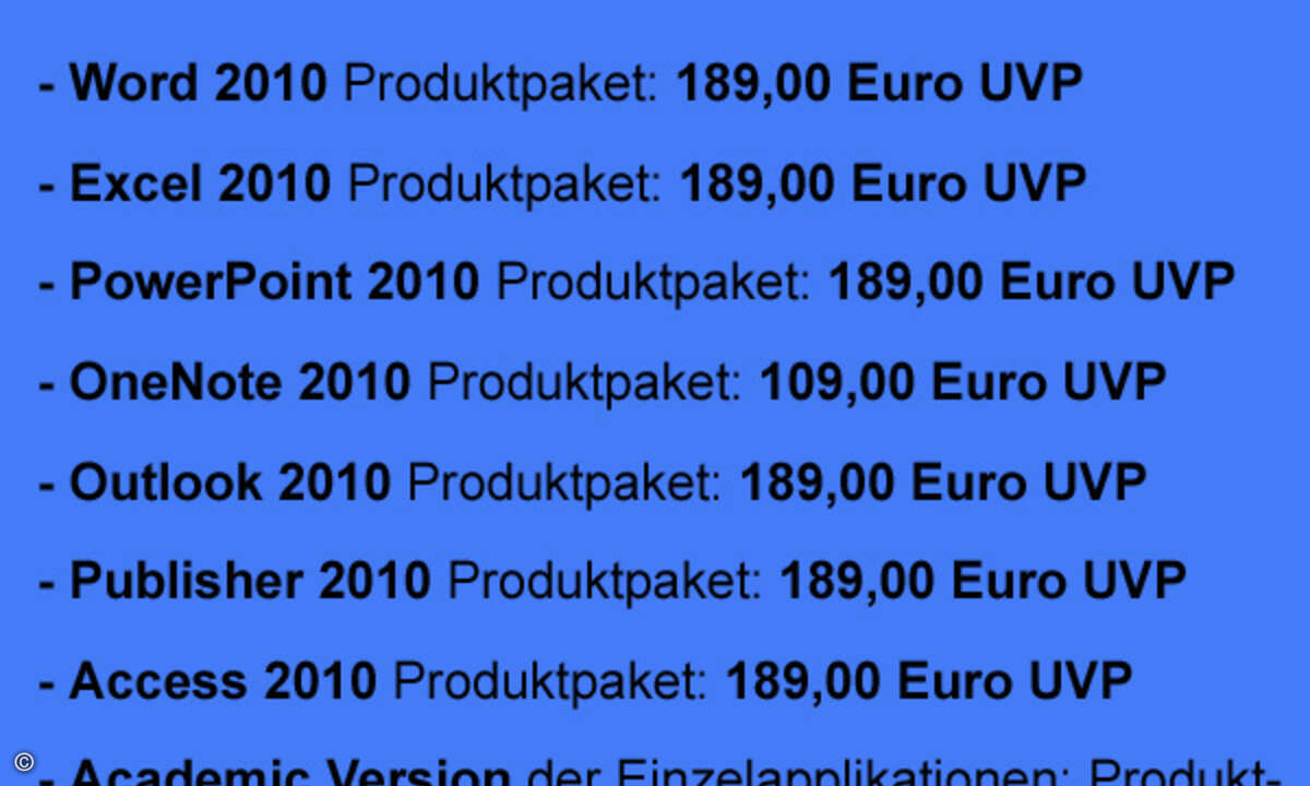 Die UVP der Einzelprodukte (Quelle: Microsoft)