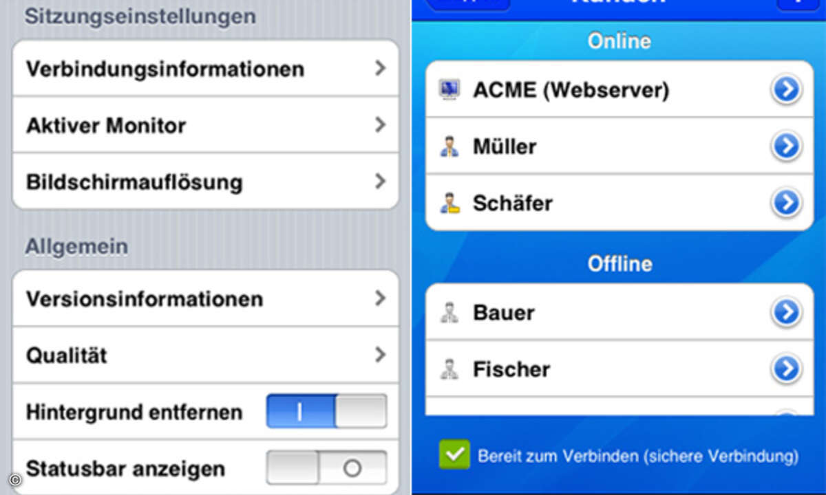 Performanceeinstellungen (l.) und Partnerliste (r.) vereinfachen die Fernwartung per iPhone.