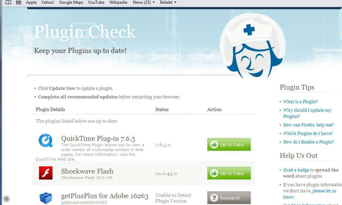Eine Vorabversion des Tools von Mozilla überprüft den Status der Plug-ins von Safari (siehe Bild) und des Internet Explorer.