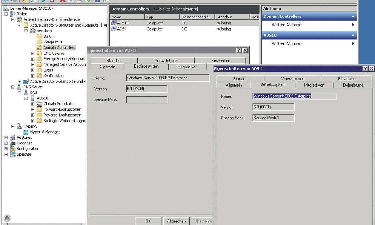 Nach der Konvertierung arbeitet der Windows-Server-2008-R2 als Global Catalog (GC) mit dem Windows-Server-2008 als DC.