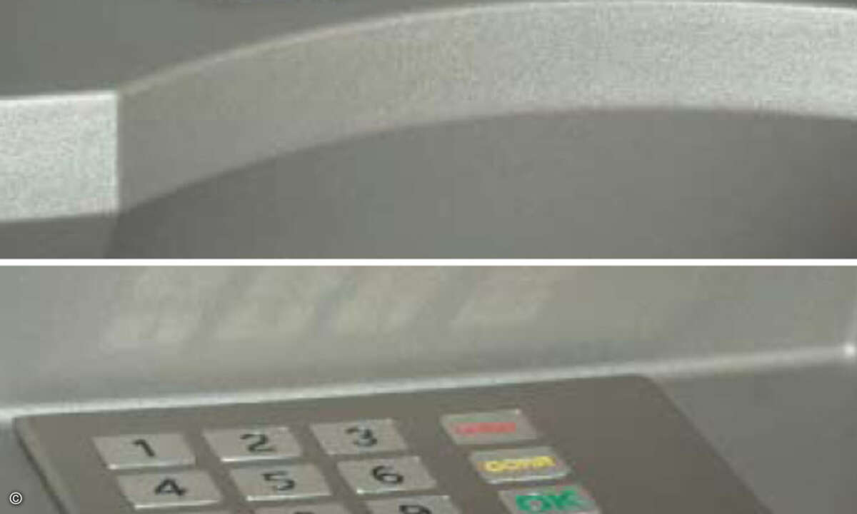 Die Kriminellen bringen über dem originalen Tastenfeld (oben) eine weitere Tastatur an, die für sie die PIN mitschreibt. (Bilder: LKA Bayern)