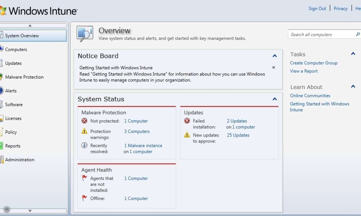 Mit Windows Intune können Systemverwalter, aber auch Dienstleisterm, Windows-Rechner aus der Ferne managen.