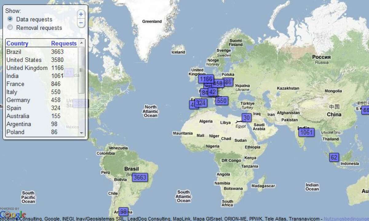 Googles Government Request Tool listet die Zahl der Anfragen von Behörden aus einzelnen Ländern auf.