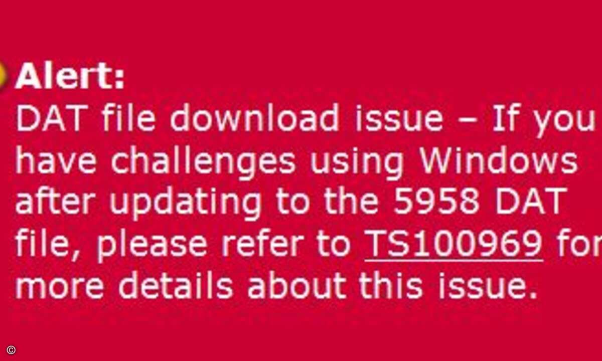 Auf seinen Web-Sites hat McAfee mittlerweile Links zu Support-Seiten platziert, auf denen Lösung zum DAT-5958-Problem zu finden sind.