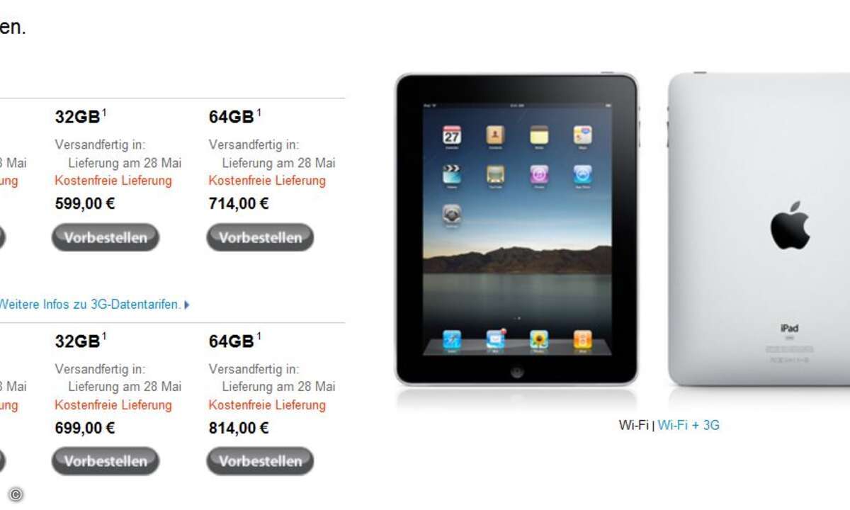 Die Preistabelle für das iPad: Für das Basismodell müssen Käufer entweder 499 oder 599 Euro auf den Tisch legen.